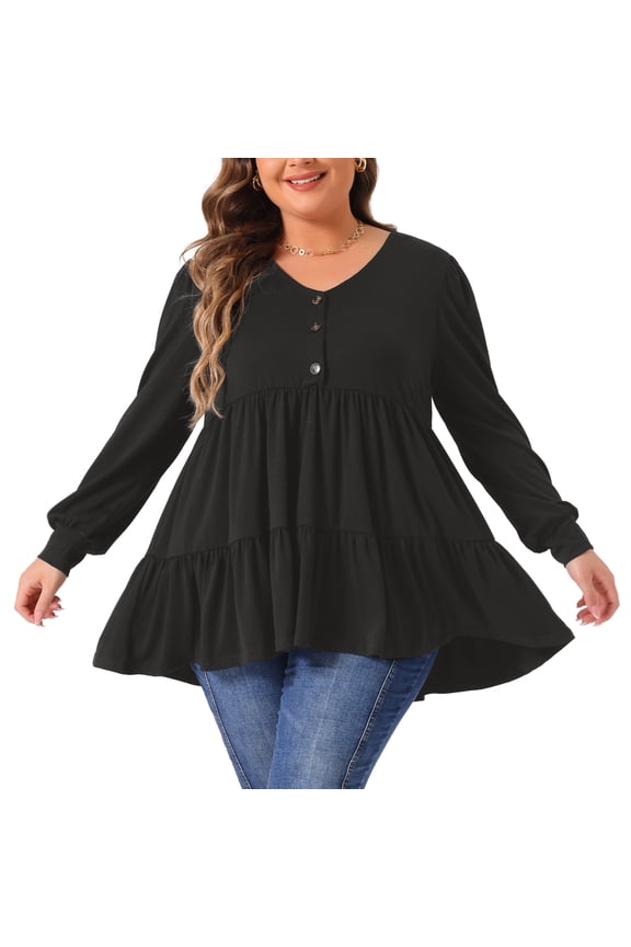 Women's Plus V Neck Long Sleeve Peplum Babydoll Top 1X Black