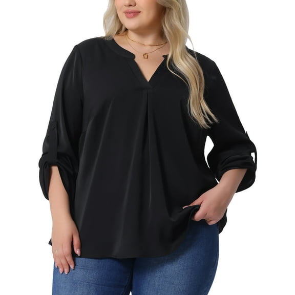 DARING DIVA Women's Plus V Neck Long Sleeve Rolled Up Sleeve Blouse 1X Black