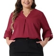 thumbnail image 1 of DARING DIVA Women's Plus V Neck Long Sleeve Rolled Up Sleeve Blouse 1X Burgundy, 1 of 6