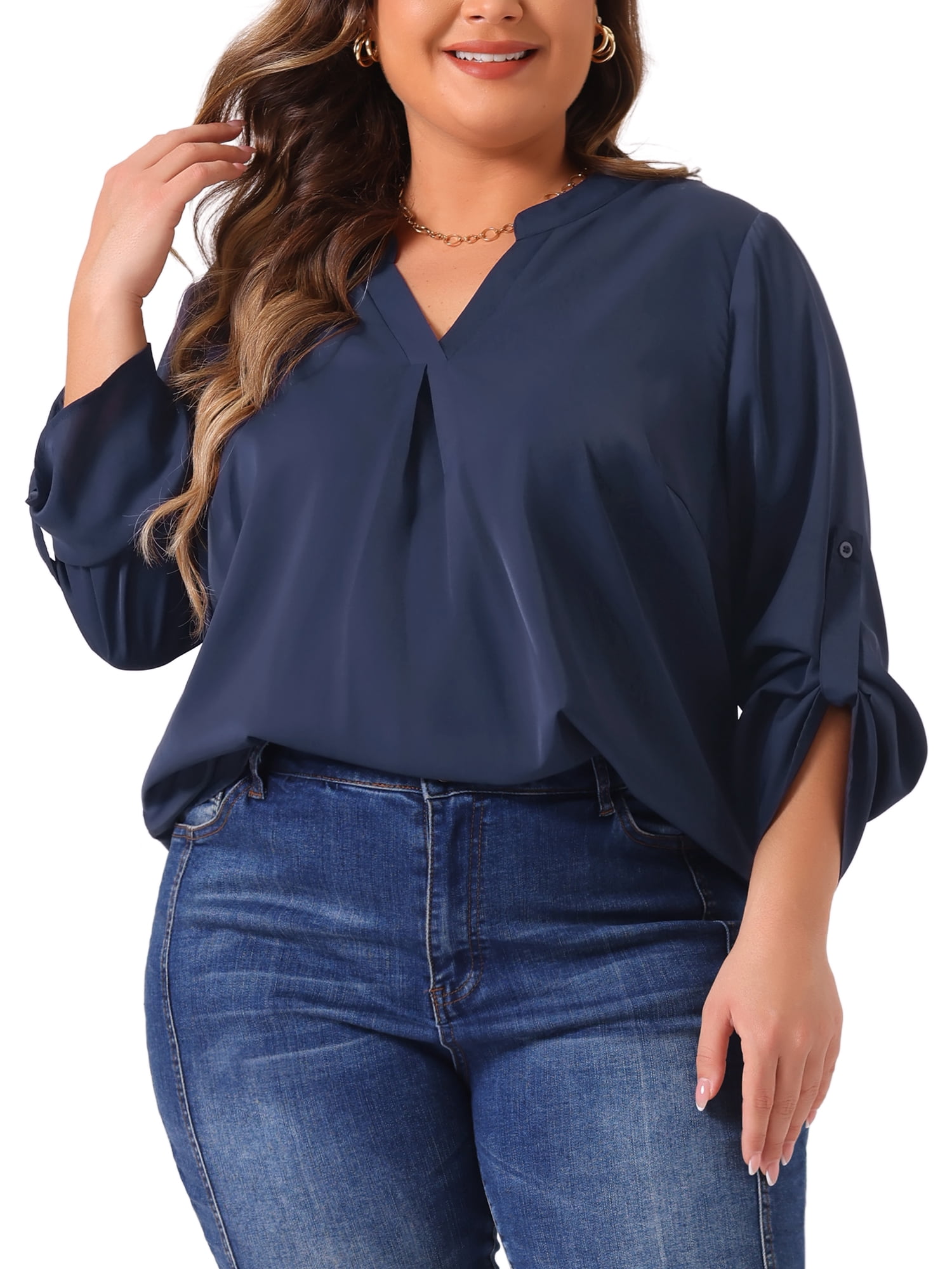 DARING DIVA Women's Plus V Neck Long Sleeve Rolled Up Sleeve Blouse 4X Navy Blue