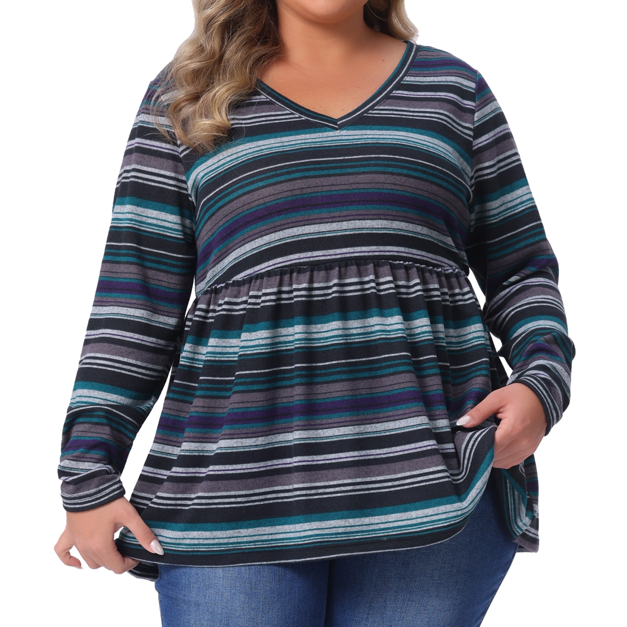 DARING DIVA Women's Plus V Neck Stripe Peplum Knit Blouse 2X Blue