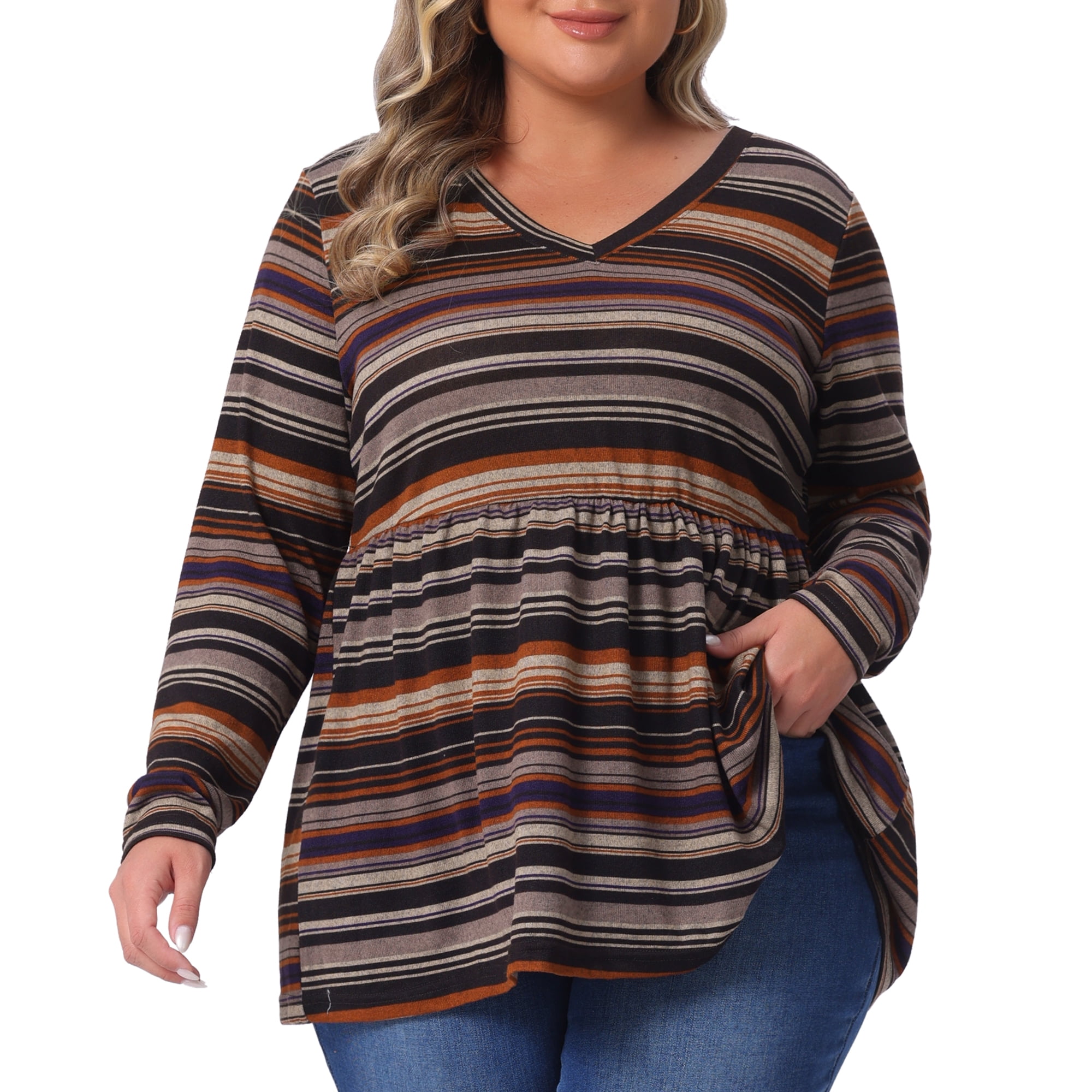 DARING DIVA Women's Plus V Neck Stripe Peplum Knit Blouse 3X Brown