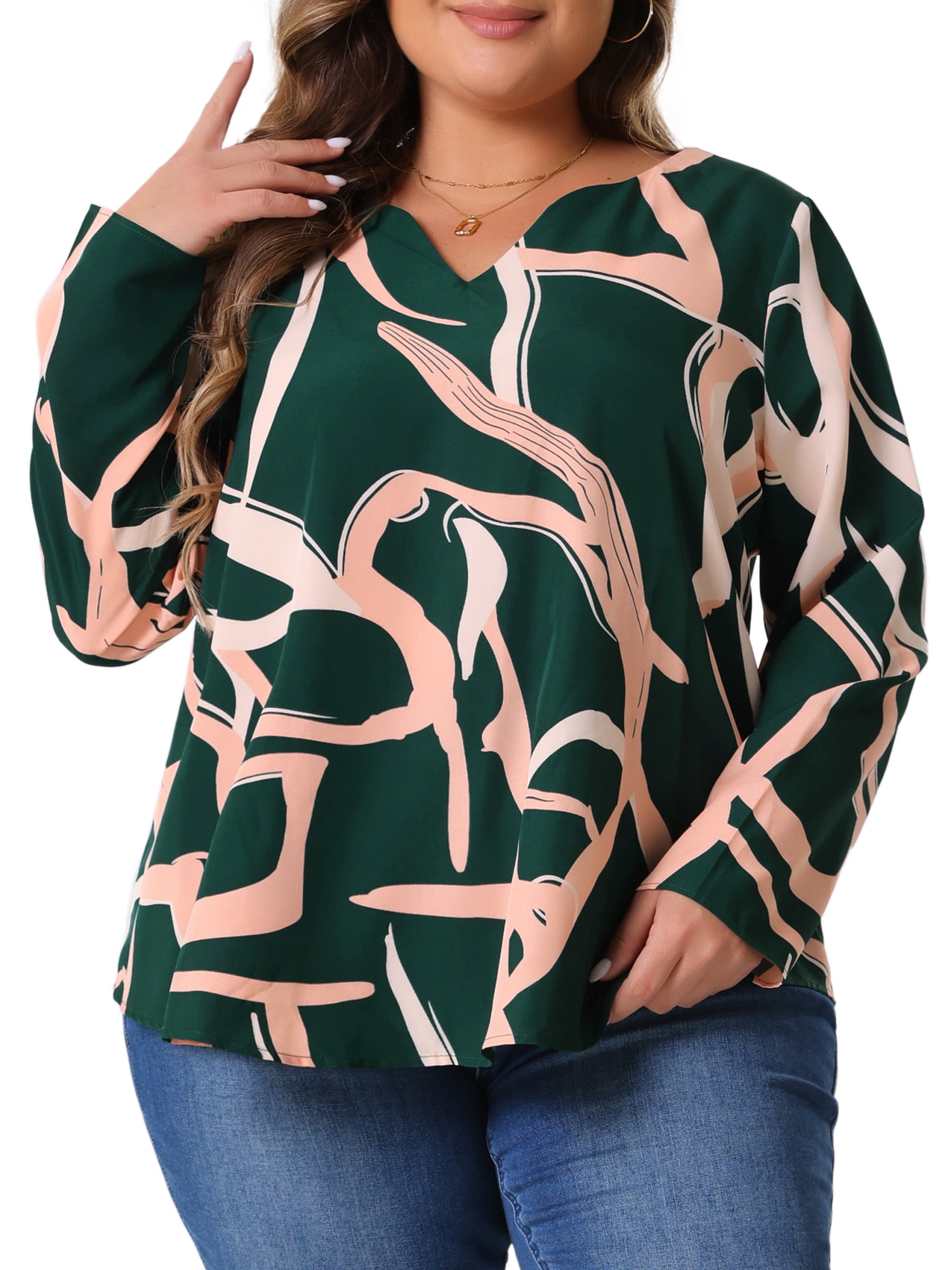 DARING DIVA Women's Plus V Neck Long Sleeves Casual Blouse 4X Green