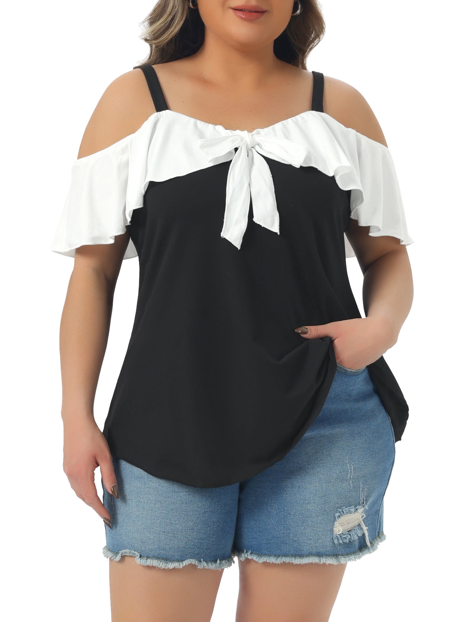 DARING DIVA Women's Plus V Neck Off Shoulder Short Sleeve Tee Tops 4X Black
