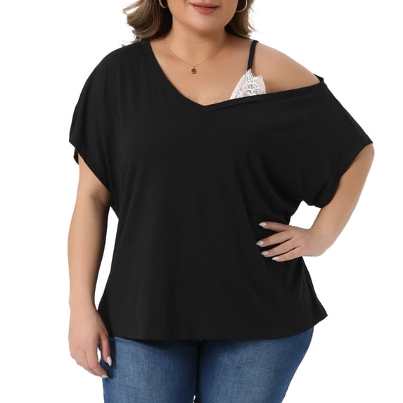 DARING DIVA Women's Plus V Neck One Cold Shoulder T Shirt Summer Blouse 2X Black