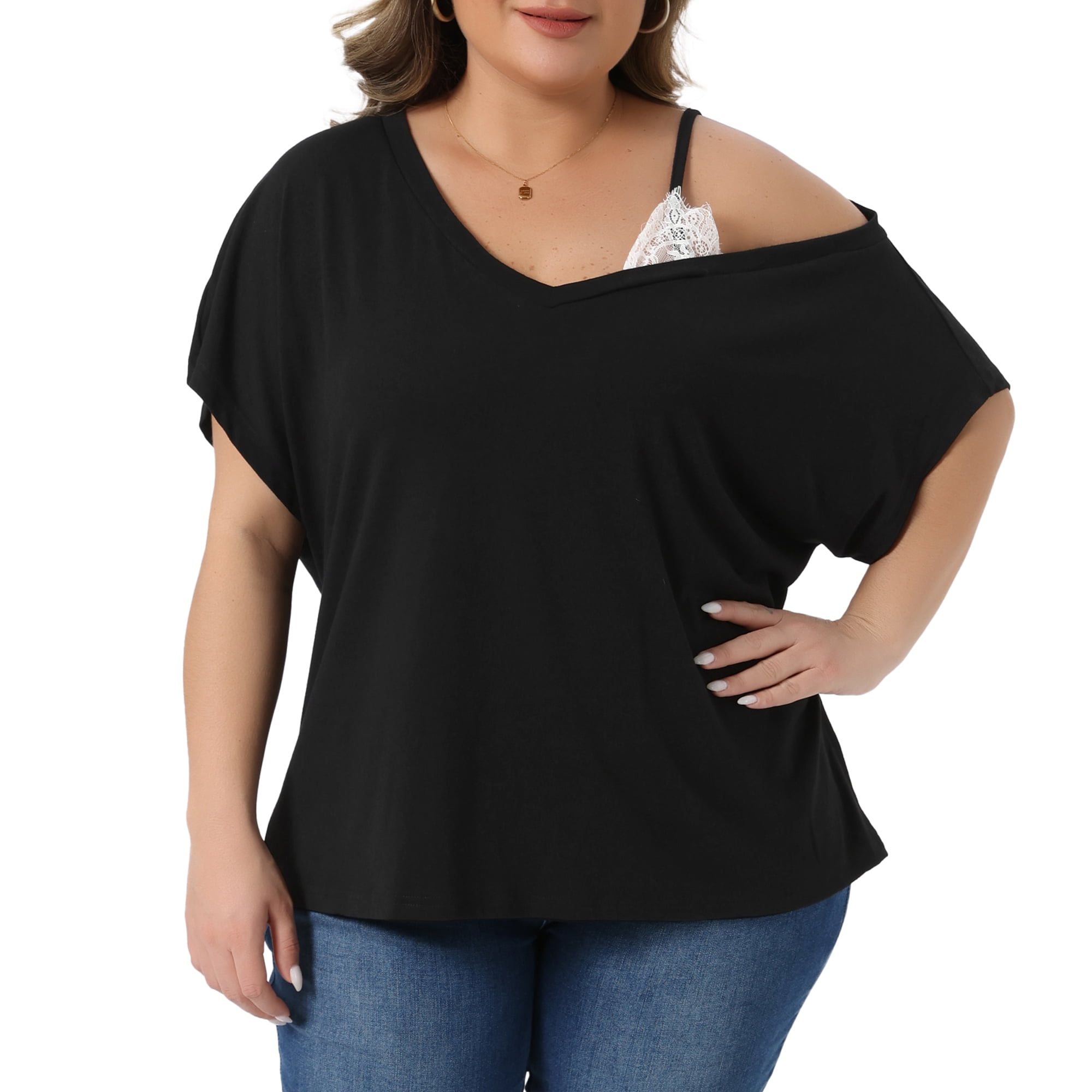 DARING DIVA Women's Plus V Neck One Cold Shoulder T Shirt Summer Blouse 4X Black