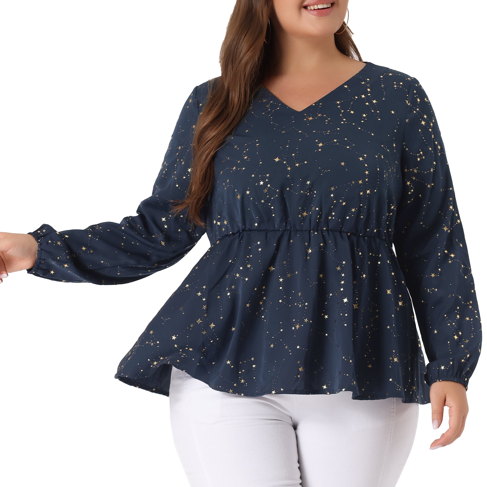 DARING DIVA Women's Plus V Neck Peplum Top Ruffled Elastic Waist Blouse 3X Navy Blue