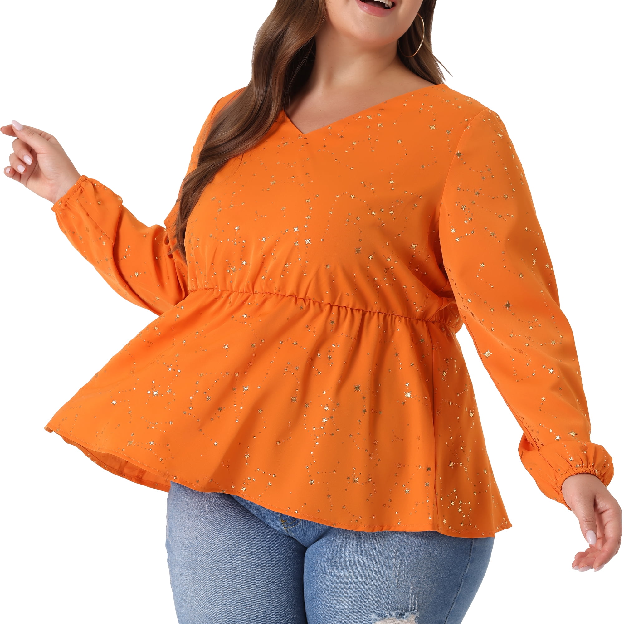DARING DIVA Women's Plus V Neck Peplum Top Ruffled Elastic Waist Blouse 3X Orange