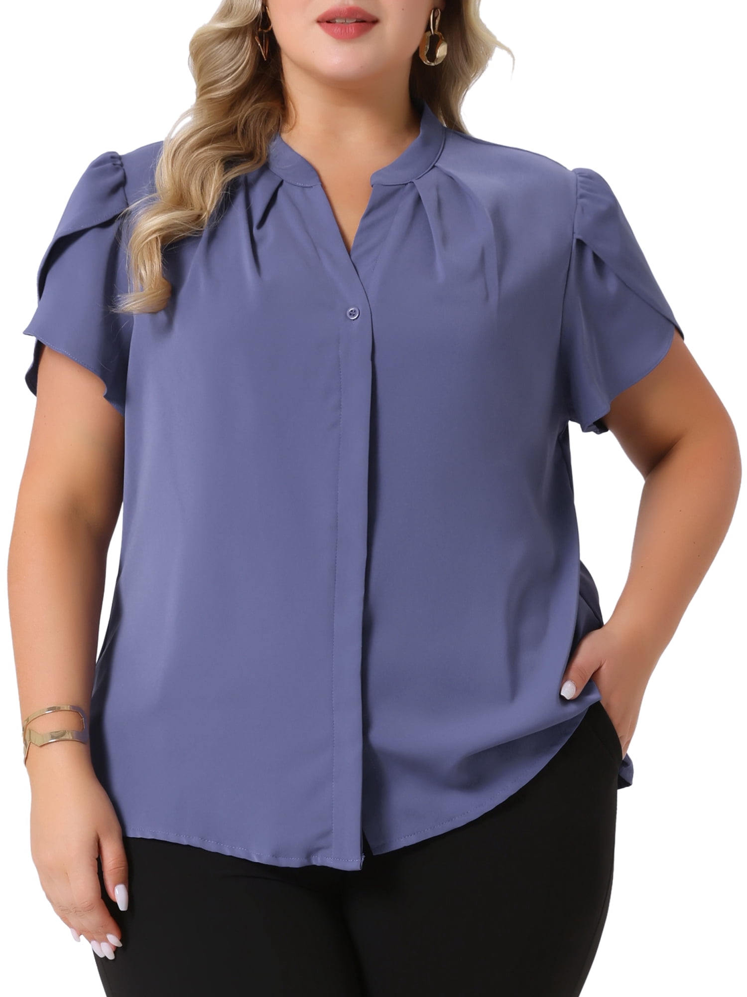 DARING DIVA Women's Plus V Neck Petal Sleeve Button Down Chiffon Blouse 4X Blue