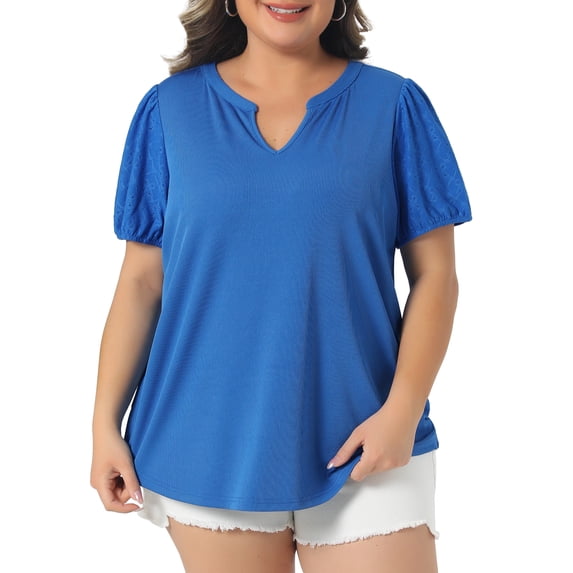 DARING DIVA Women's Plus V Neck Puff Sleeve Tops Blouse 3X Royal Blue