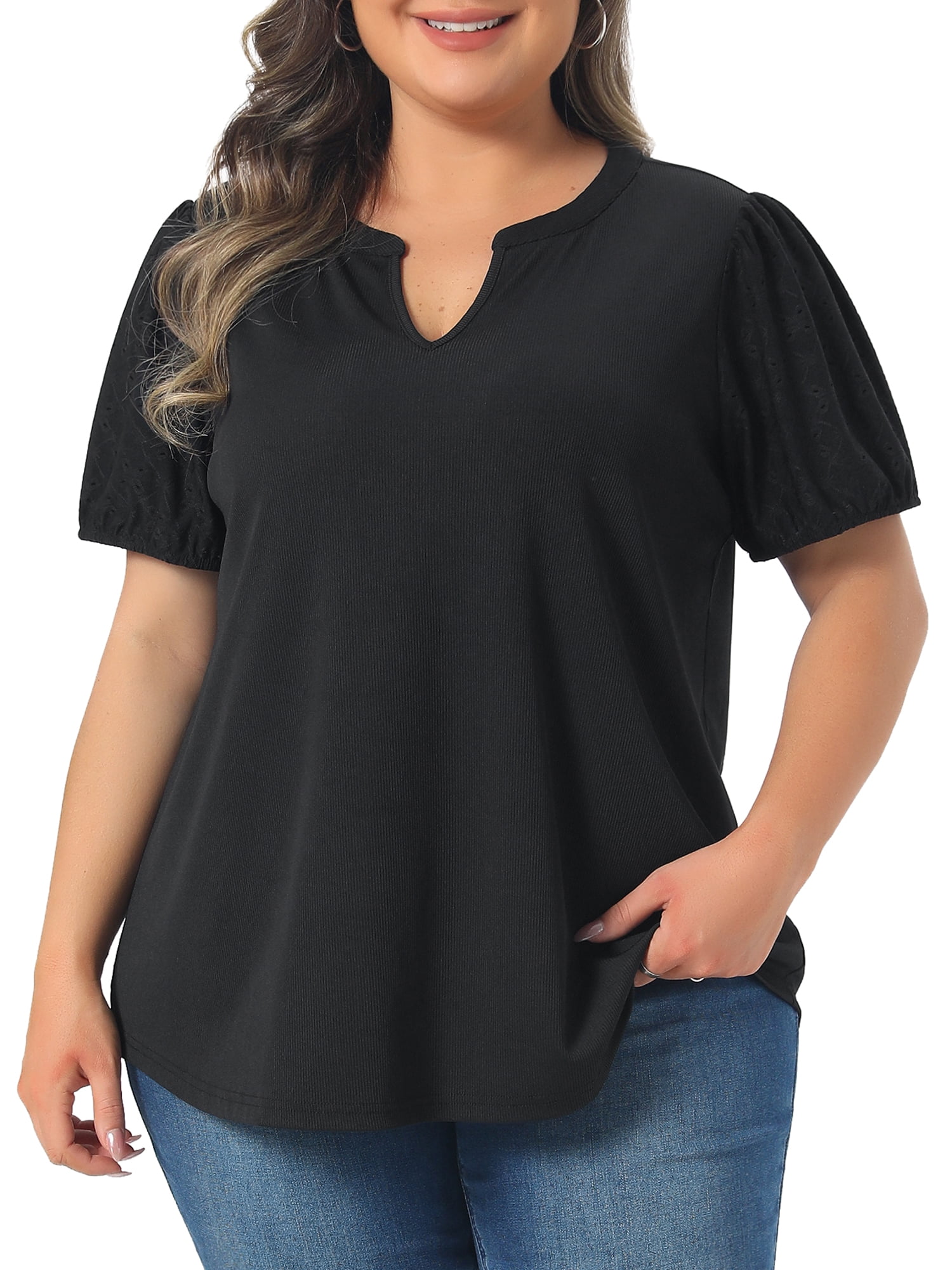 DARING DIVA Women's Plus V Neck Puff Sleeve Tops Blouse 4X Black