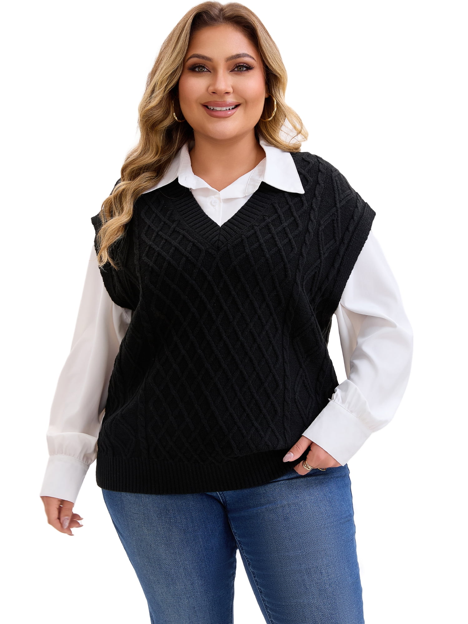 DARING DIVA Women's Plus V Neck Ribbed Knit Sleeveless Pullover Tops 3X Black