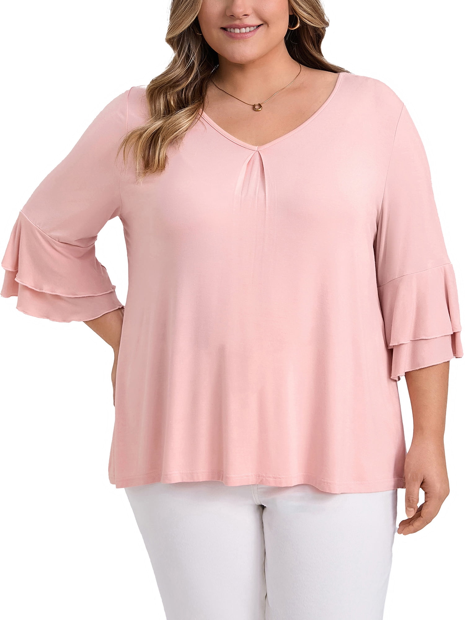DARING DIVA Women's Plus V Neck Ruffle 3/4 Sleeve Pleated Front Casual Blouse 1X Pink