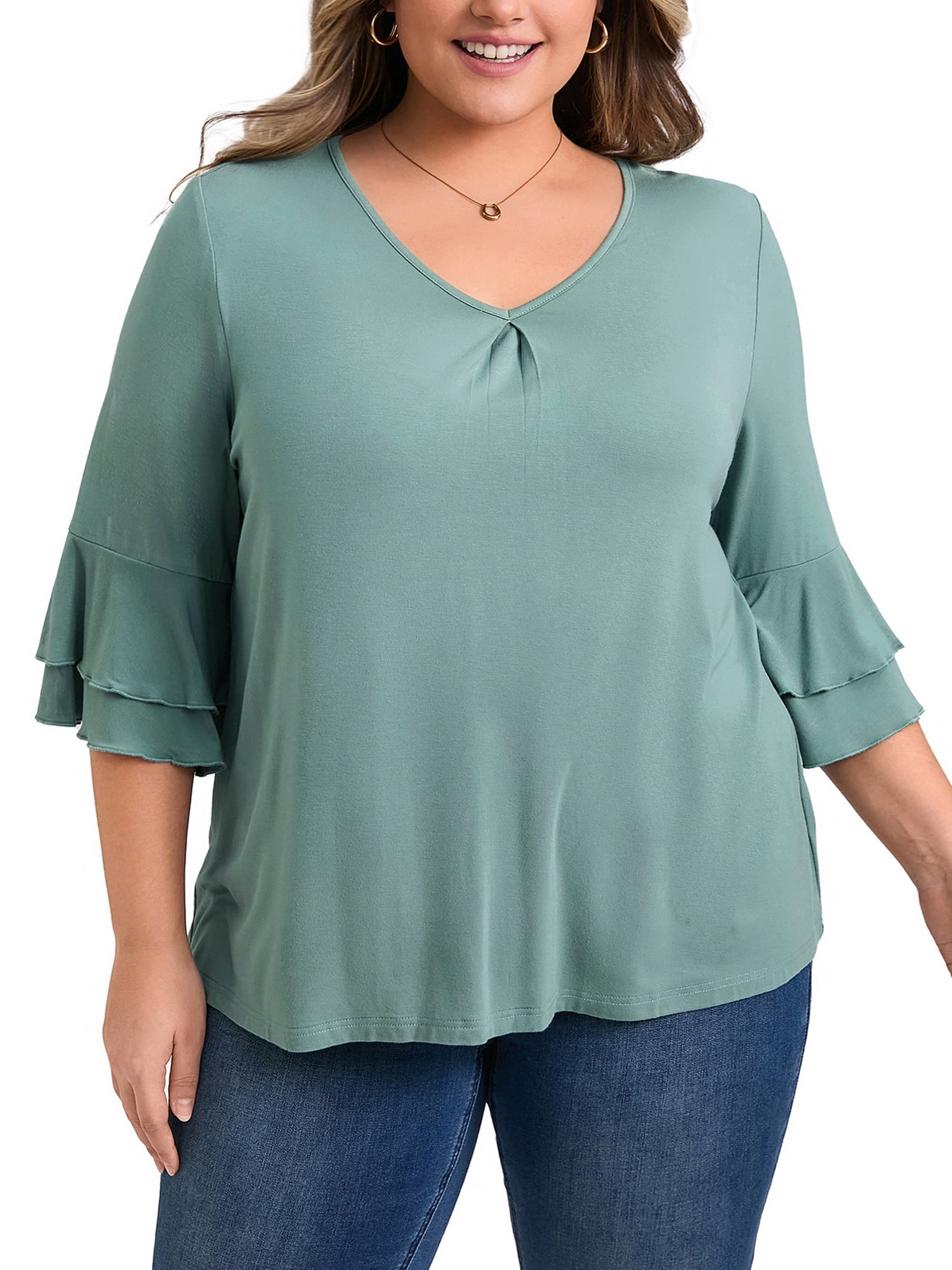 DARING DIVA Women's Plus V Neck Ruffle 3/4 Sleeve Pleated Front Casual Blouse 3X Green