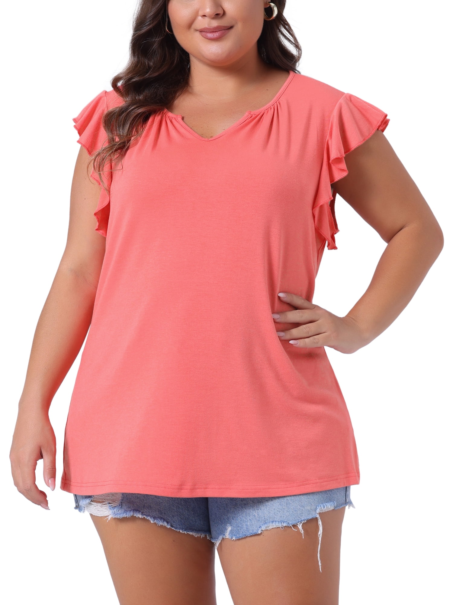 DARING DIVA Women's Plus Casual V Neck Ruffle Casual Top Blouse Tank Tops 4X Orange
