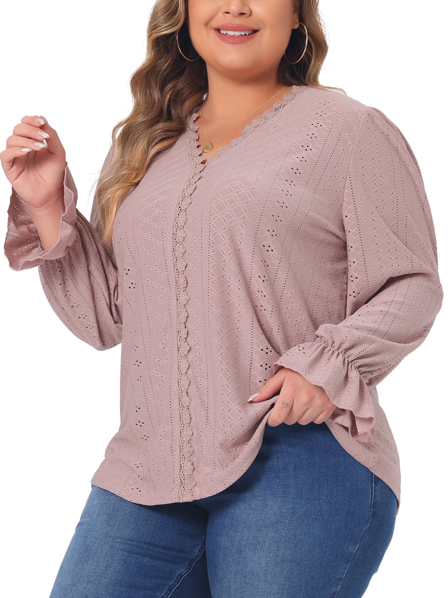 DARING DIVA Women's Plus V Neck Ruffle Long Sleeve Lace Crochet Casual Blouse 1X Pink
