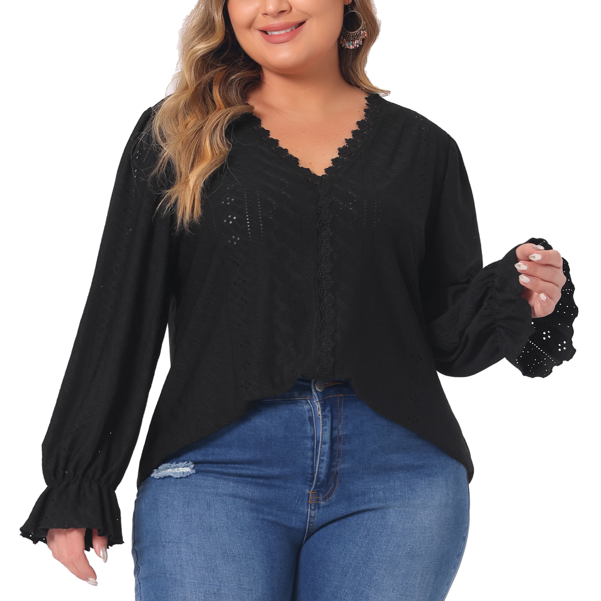 DARING DIVA Women's Plus V Neck Ruffle Long Sleeve Lace Crochet Casual Blouse 4X Black