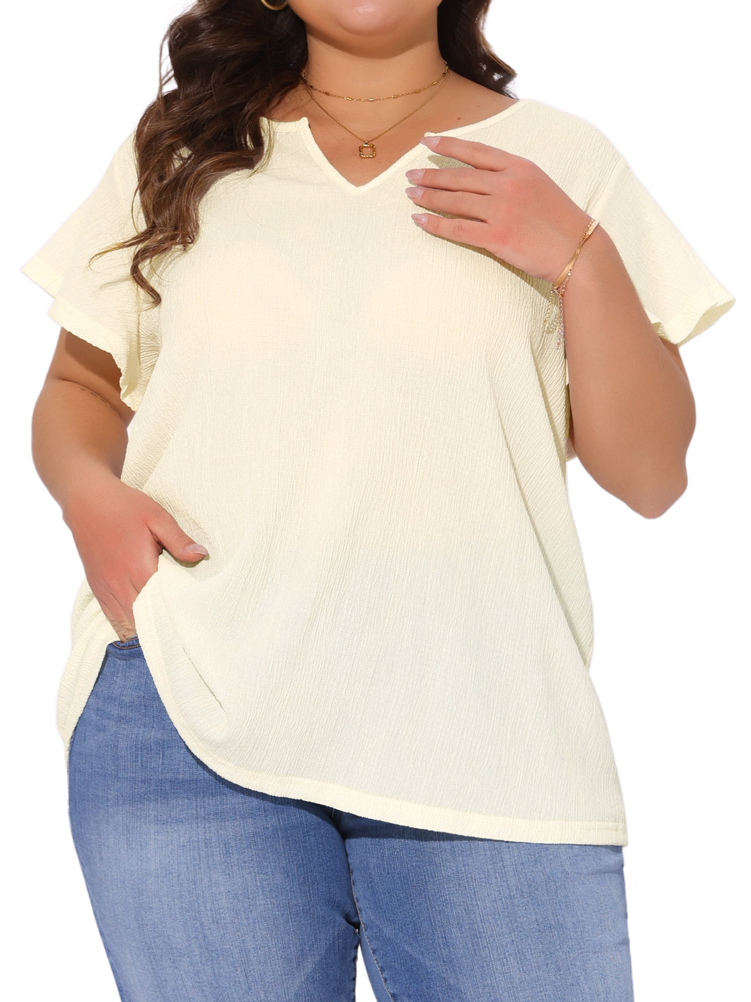 DARING DIVA Women's Plus Tops V Neck Ruffle T Shirt Blouses 2X Beige