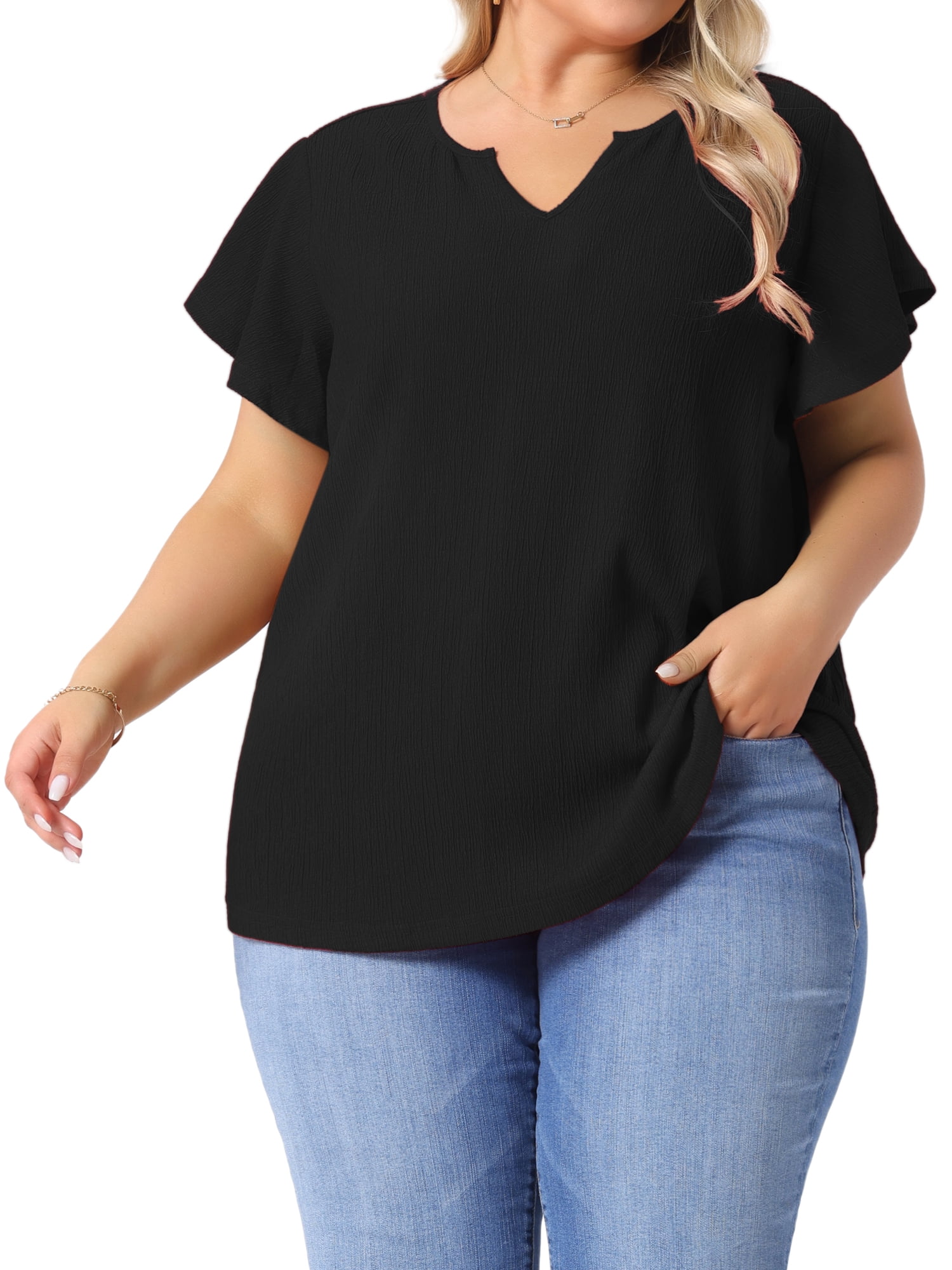 DARING DIVA Women's Plus Tops V Neck Ruffle T Shirt Blouses 2X Black