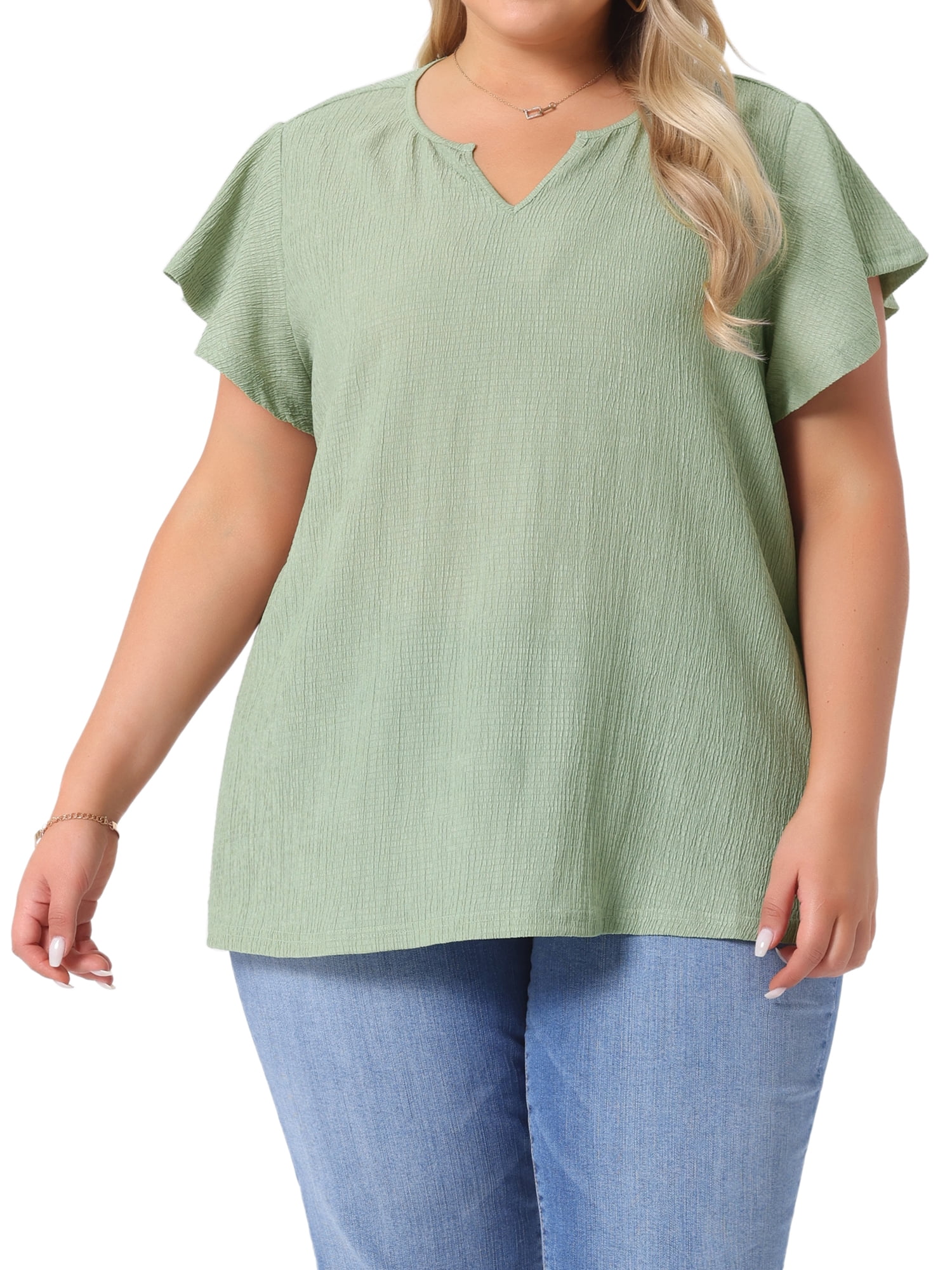 DARING DIVA Women's Plus Tops V Neck Ruffle T Shirt Blouses 2X Green