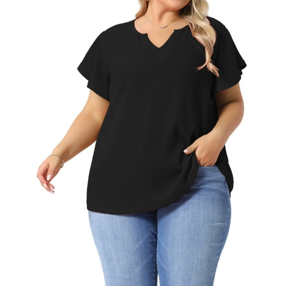 DARING DIVA Women's Plus V Neck Ruffle Short Sleeve Blouse 4X Black