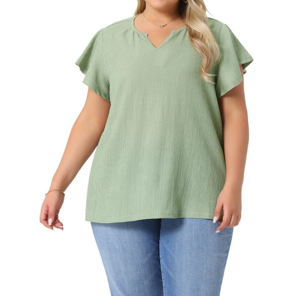 DARING DIVA Women's Plus V Neck Ruffle Short Sleeve Blouse 4X Green