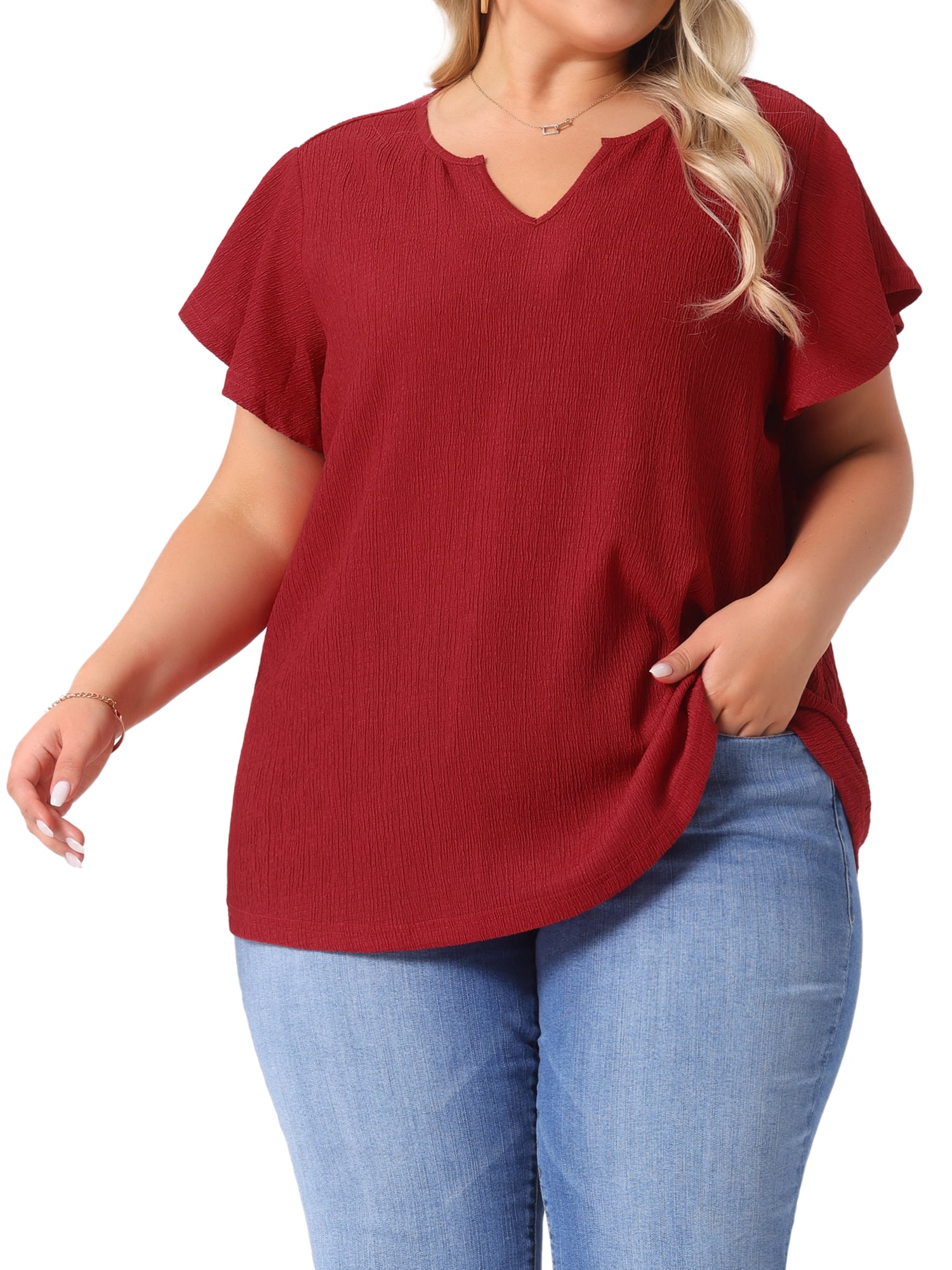 DARING DIVA Women's Plus Tops V Neck Ruffle T Shirt Blouses 4X Red