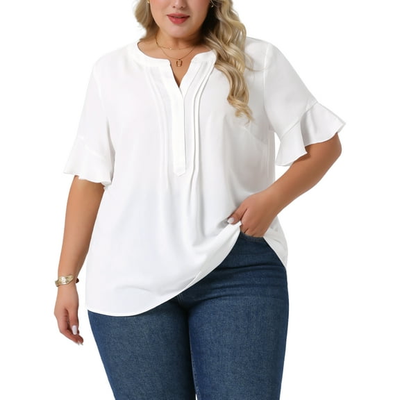 DARING DIVA Women's Plus V Neck Ruffle Short Sleeve Casual Chiffon Blouse 2X White