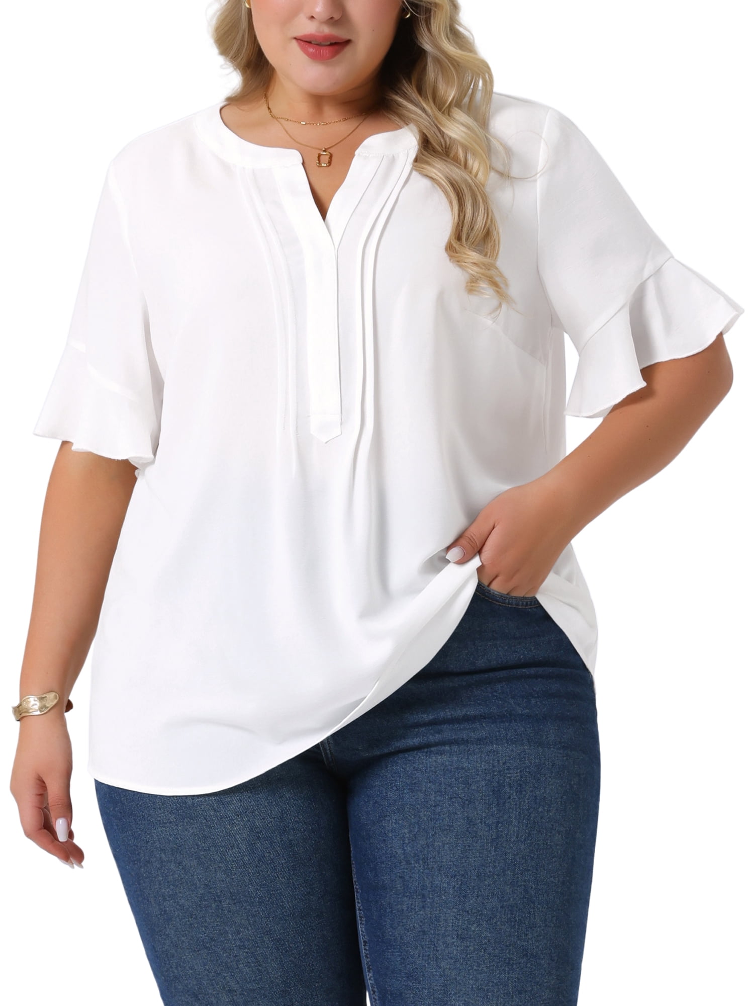 Women's Plus Top V Neck Ruffle Short Sleeve Casual Chiffon Blouse Shirt 4X White