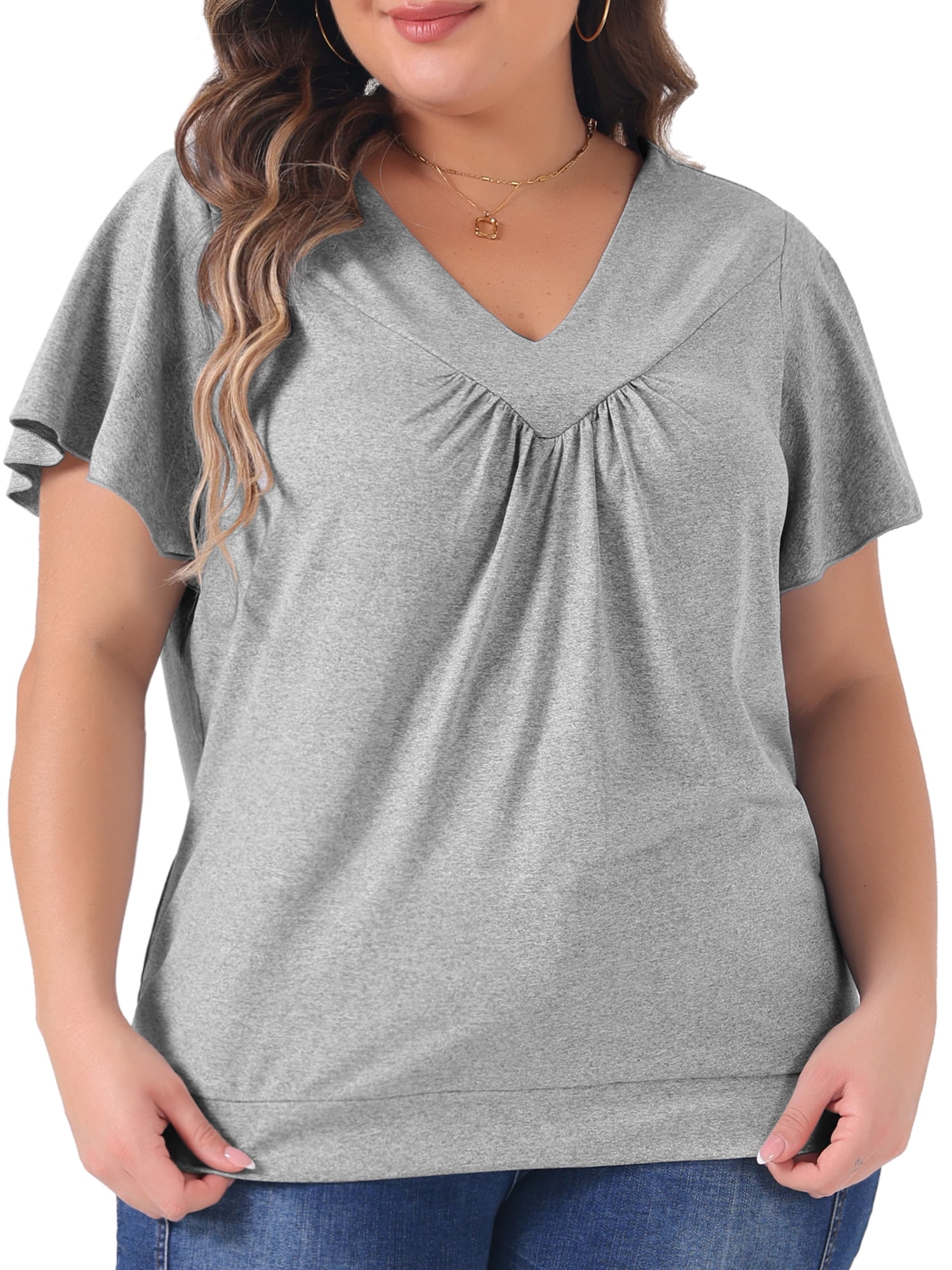 DARING DIVA Women's Plus V Neck Ruffle T Shirt Tee Tops 3X Grey