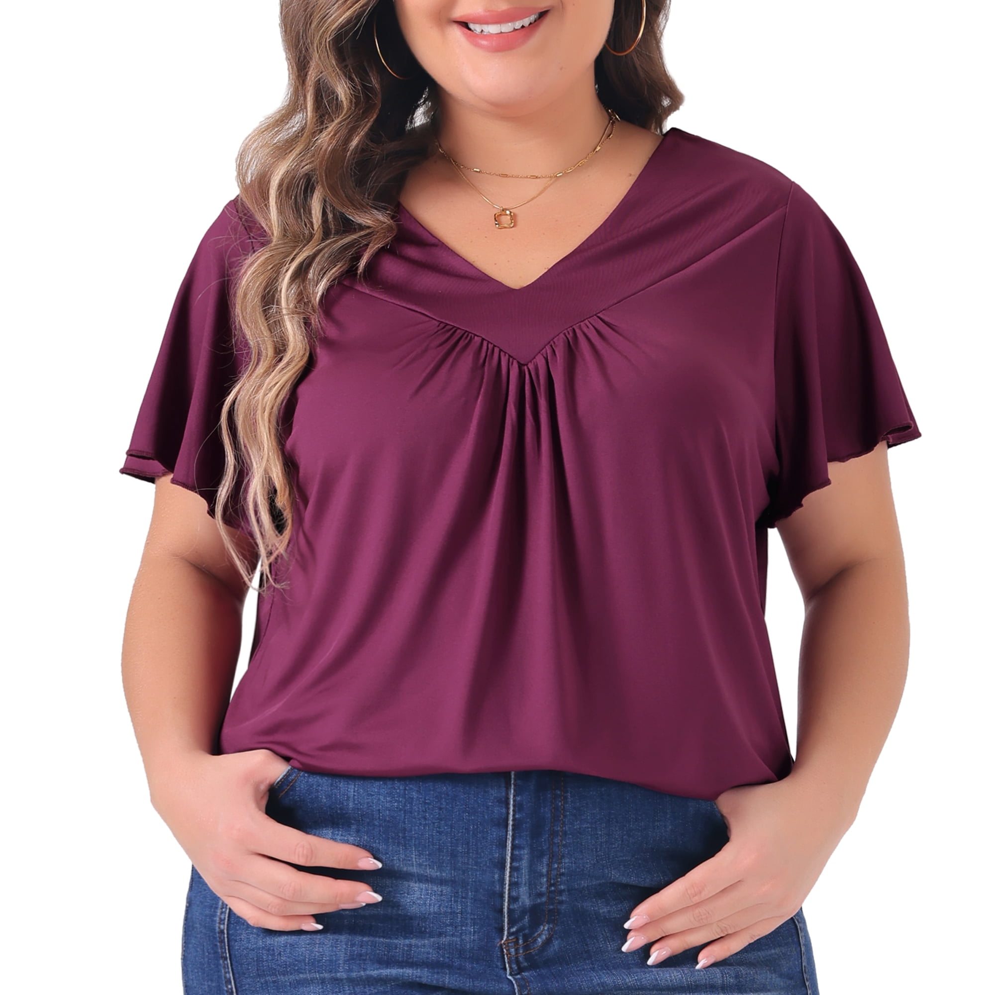 DARING DIVA Women's Plus V Neck Ruffle T Shirt Tee Tops 4X Purple Red