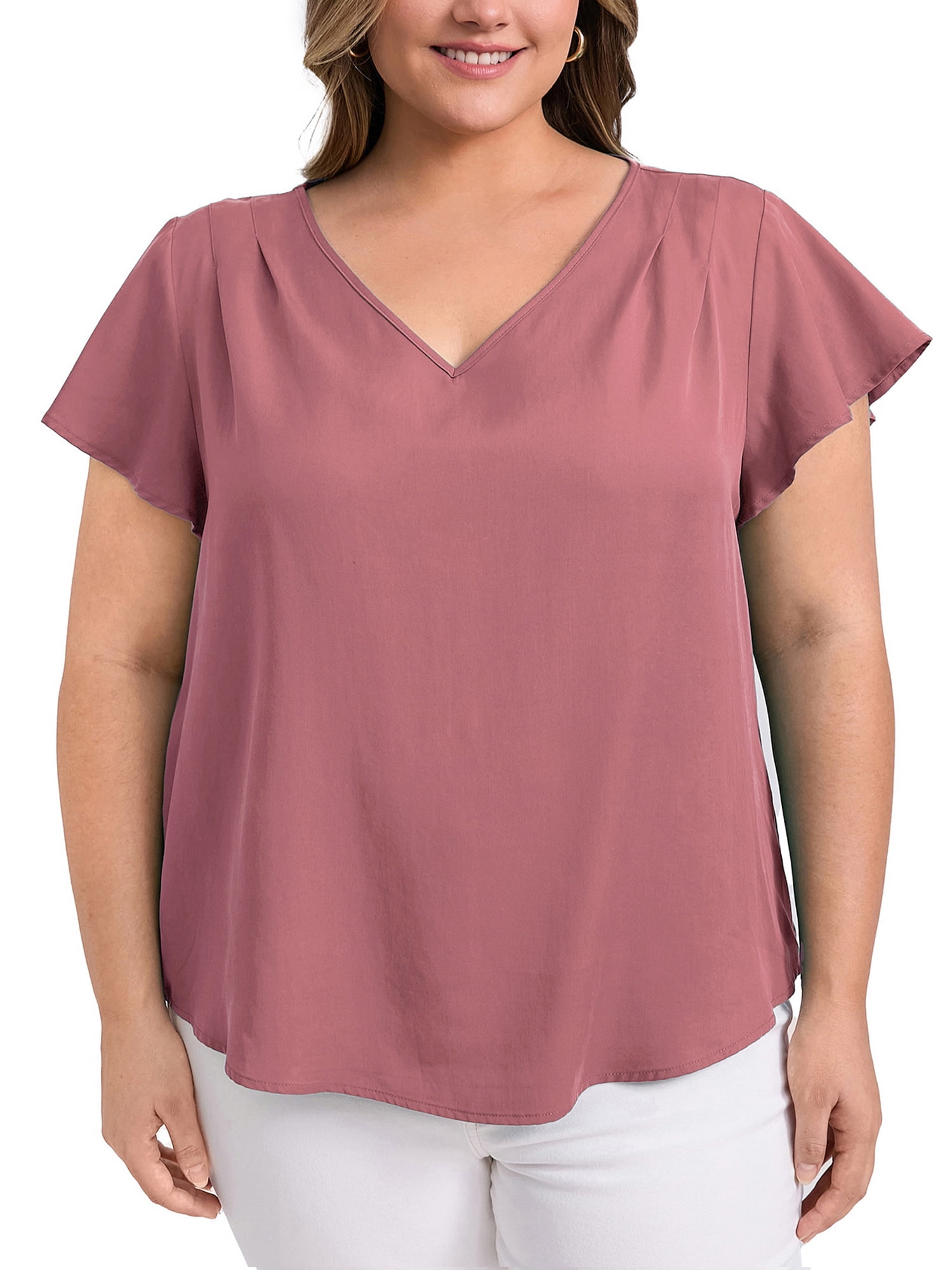DARING DIVA Women's Plus V Neck Ruffle Sleeve Blouse 3X Dark Pink