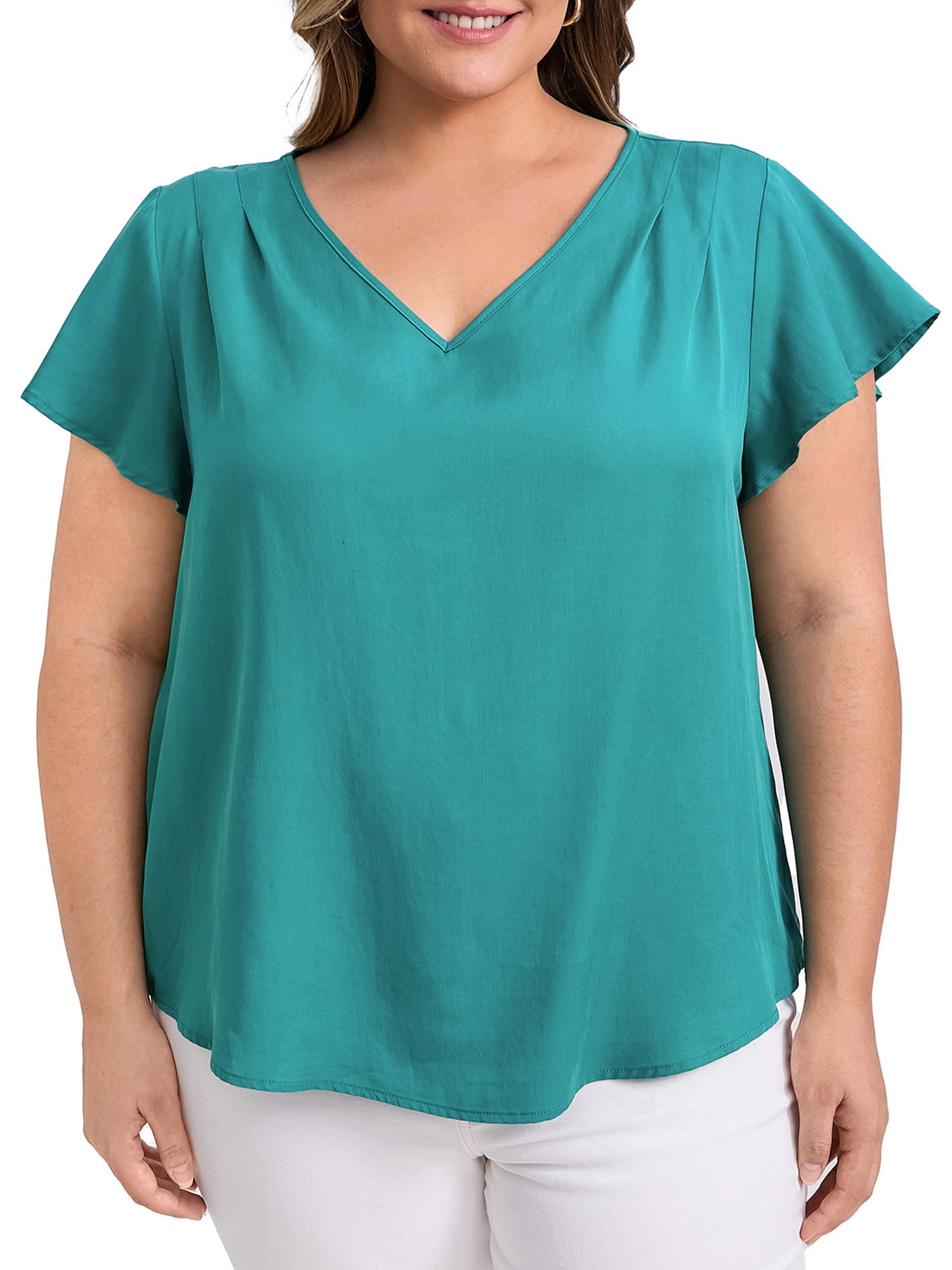 DARING DIVA Women's Plus V Neck Ruffle Sleeve Blouse 3X Lake Blue