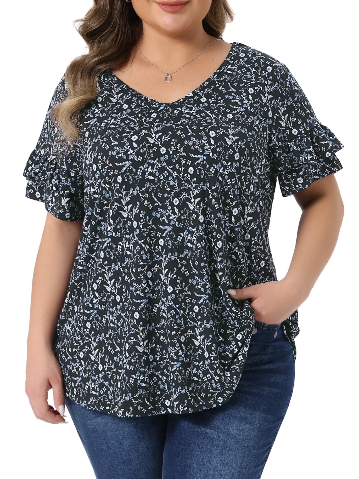 Women's Plus Summer Tops V Neck Ruffle Sleeve Floral Casual Blouses 1X Black