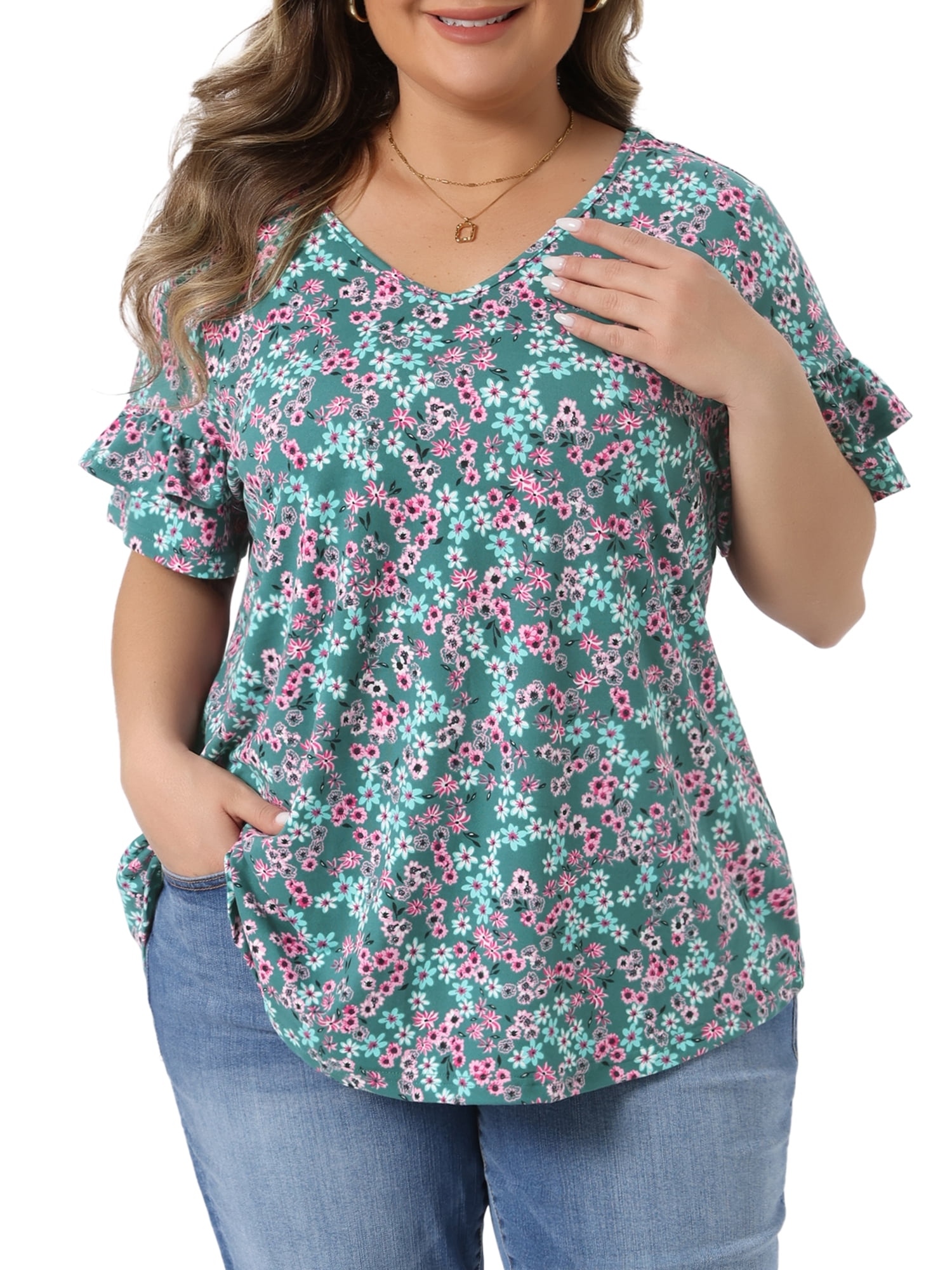 Women's Plus Summer Tops V Neck Ruffle Sleeve Floral Casual Blouses 2X Green