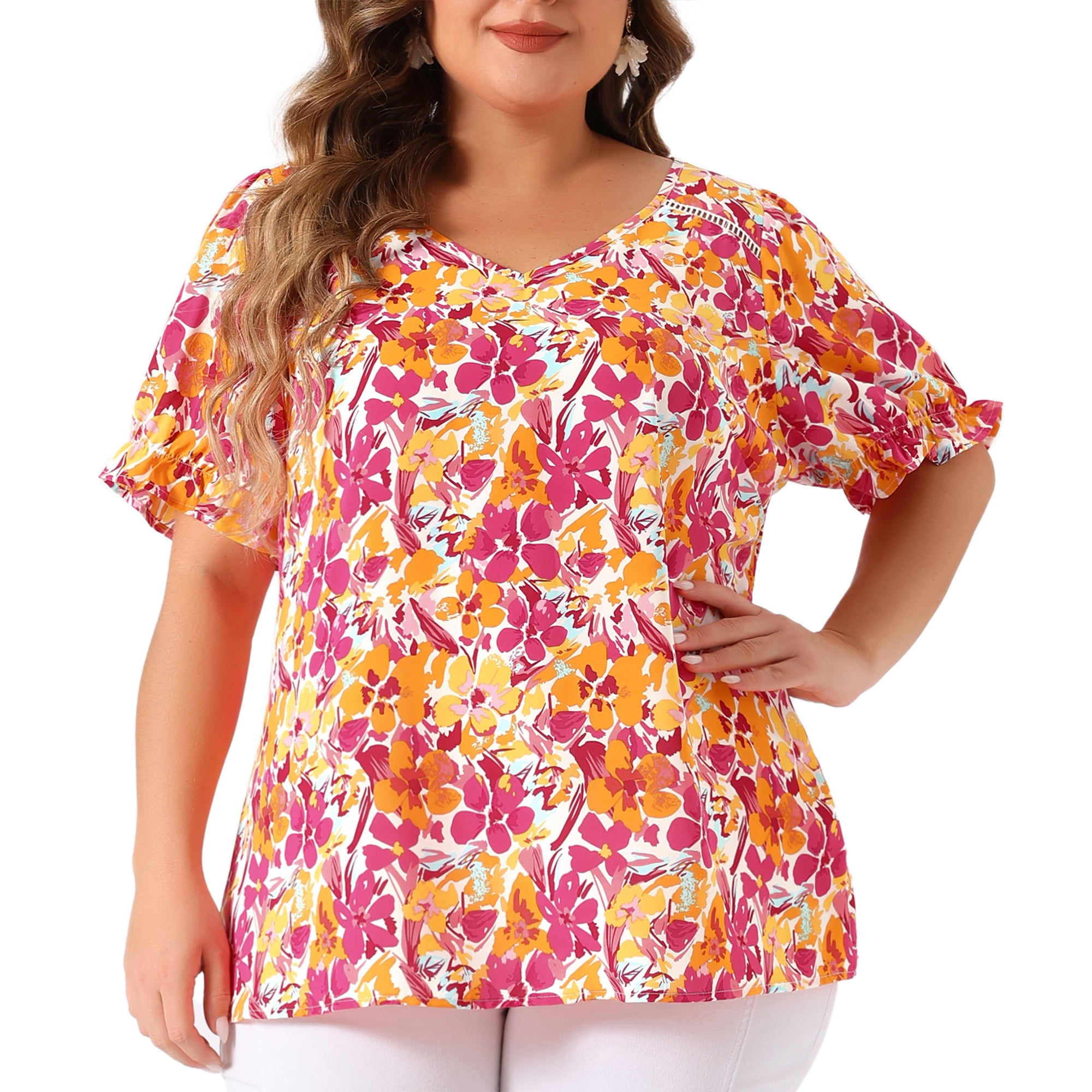 Unique Bargains Women's Plus Size V Neck Short Sleeve Blouses Chic Tops 1X Pink