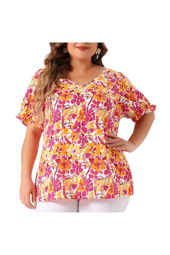 Women's Plus V Neck Ruffle Sleeve Floral Top 1X Pink