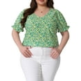 thumbnail image 1 of DARING DIVA Women's Plus V Neck Ruffle Sleeve Floral Top 4X Green Yellow, 1 of 6