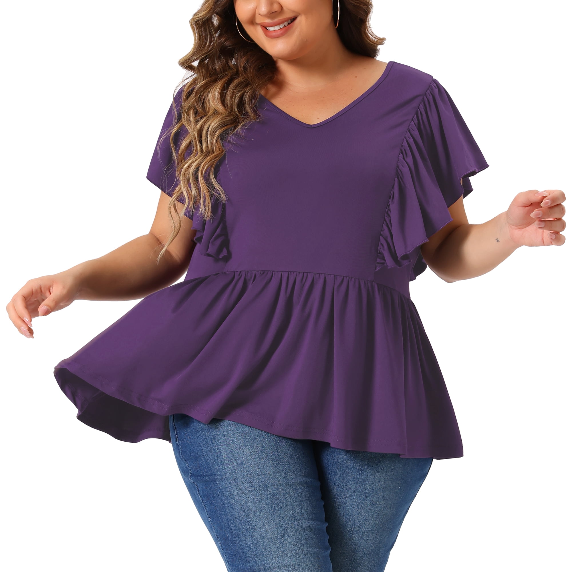 DARING DIVA Women's Plus V Neck Ruffle Sleeve Pleated Peplum Blouse 2X Dark Purple