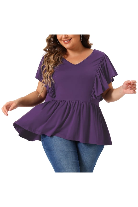 DARING DIVA Women's Plus V Neck Ruffle Sleeve Pleated Peplum Blouse 4X Dark Purple