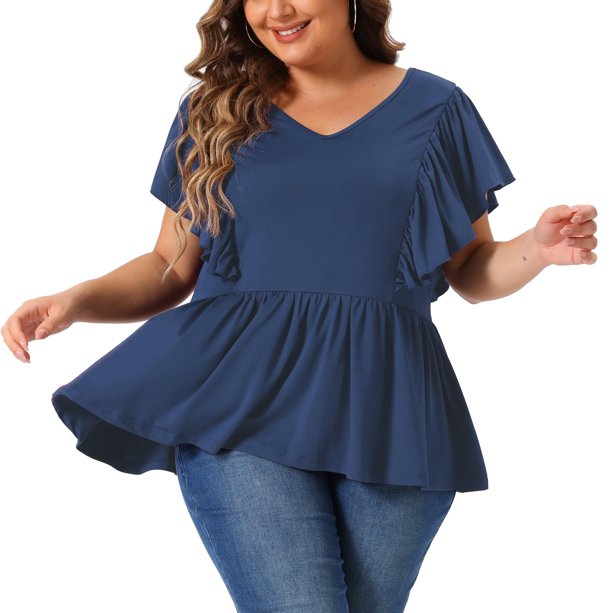 DARING DIVA Women's Plus V Neck Ruffle Sleeve Pleated Peplum Blouse 4X Navy Blue