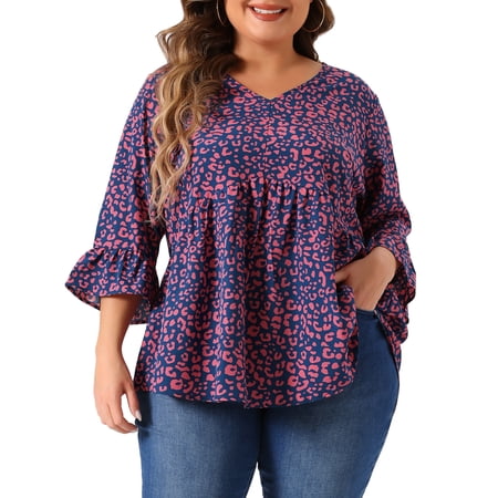 DARING DIVA Women's Plus V Neck Ruffle Sleeve Polka Dots Babydoll Top 1X Dark Blue
