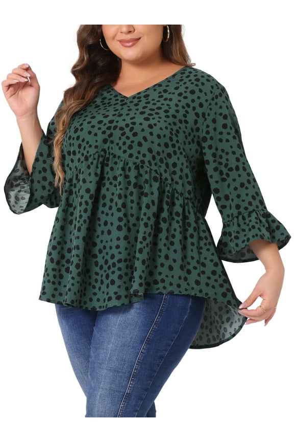 Women's Plus V Neck Ruffle Sleeve Polka Dots Babydoll Top 2X Dark Green