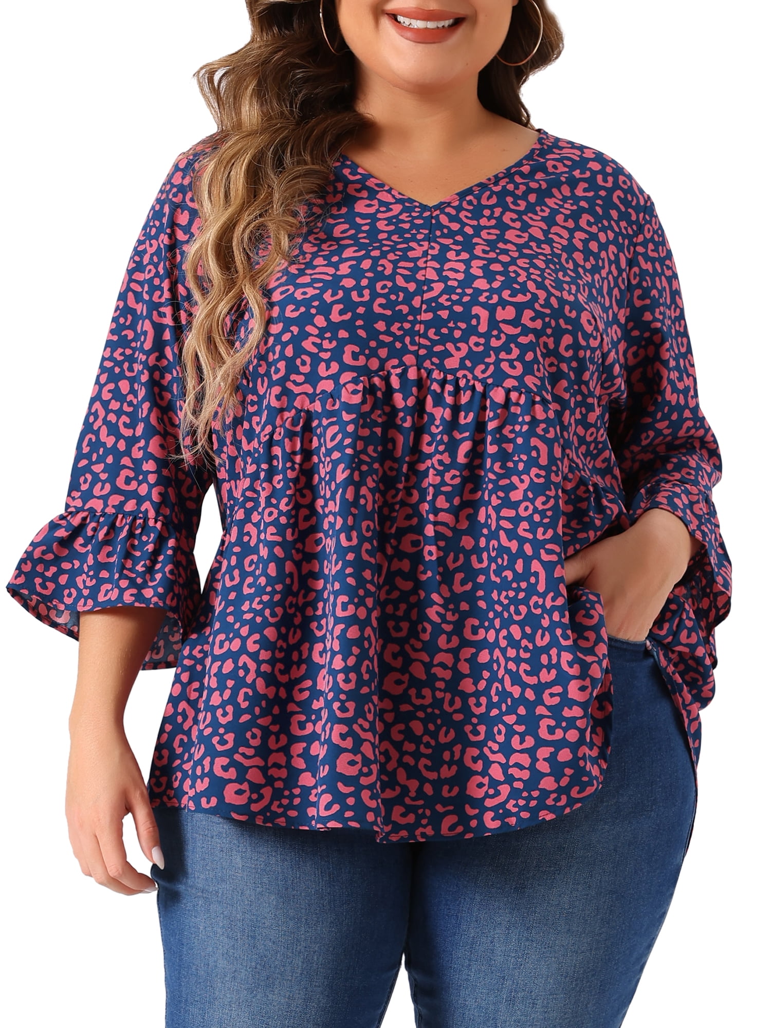 DARING DIVA Women's Plus V Neck Ruffle Sleeve Polka Dots Babydoll Top 4X Dark Blue