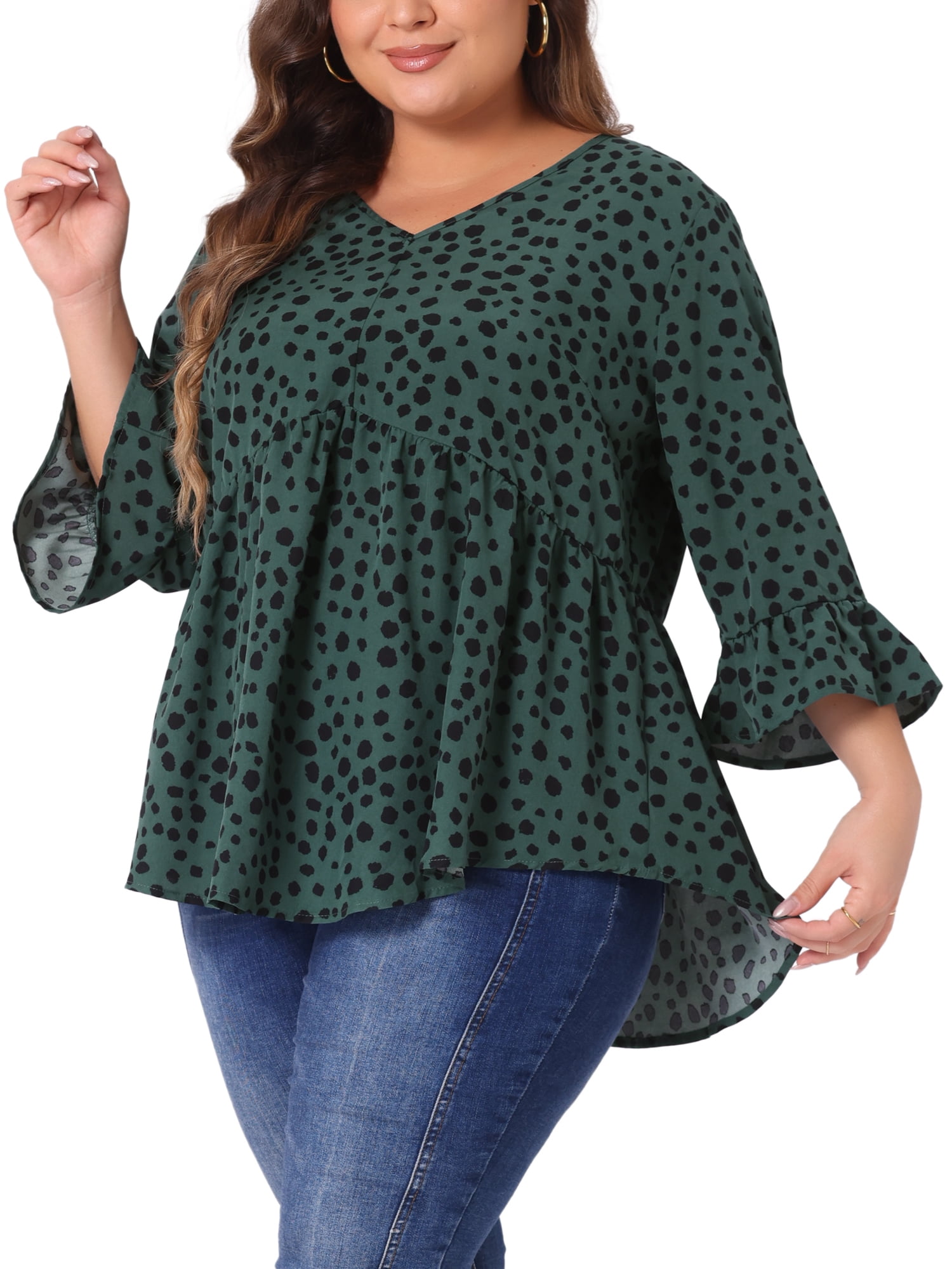 DARING DIVA Women's Plus V Neck Ruffle Sleeve Polka Dots Babydoll Top 4X Dark Green