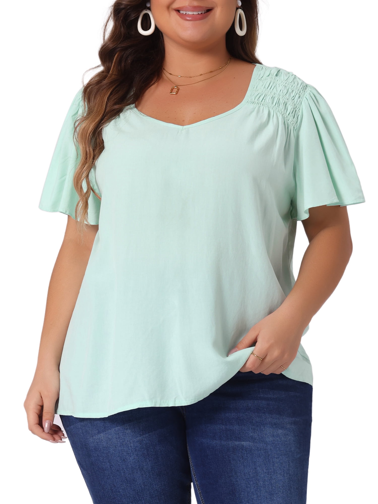 DARING DIVA Women's Plus V Neck Ruffle Sleeve Smocked Shoulder Blouse 2X Light Green