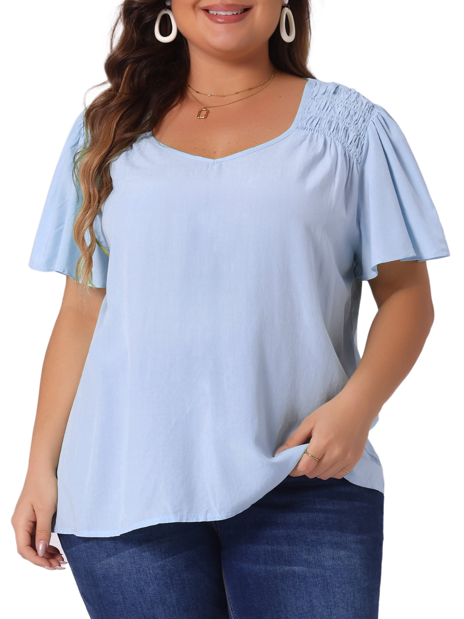 DARING DIVA Women's Plus V Neck Ruffle Sleeve Smocked Shoulder Blouse 3X Blue