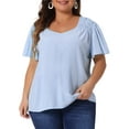 thumbnail image 1 of DARING DIVA Women's Plus V Neck Ruffle Sleeve Smocked Shoulder Blouse 3X Blue, 1 of 6