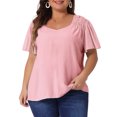 thumbnail image 1 of DARING DIVA Women's Plus V Neck Ruffle Sleeve Smocked Shoulder Blouse 3X Pink, 1 of 6