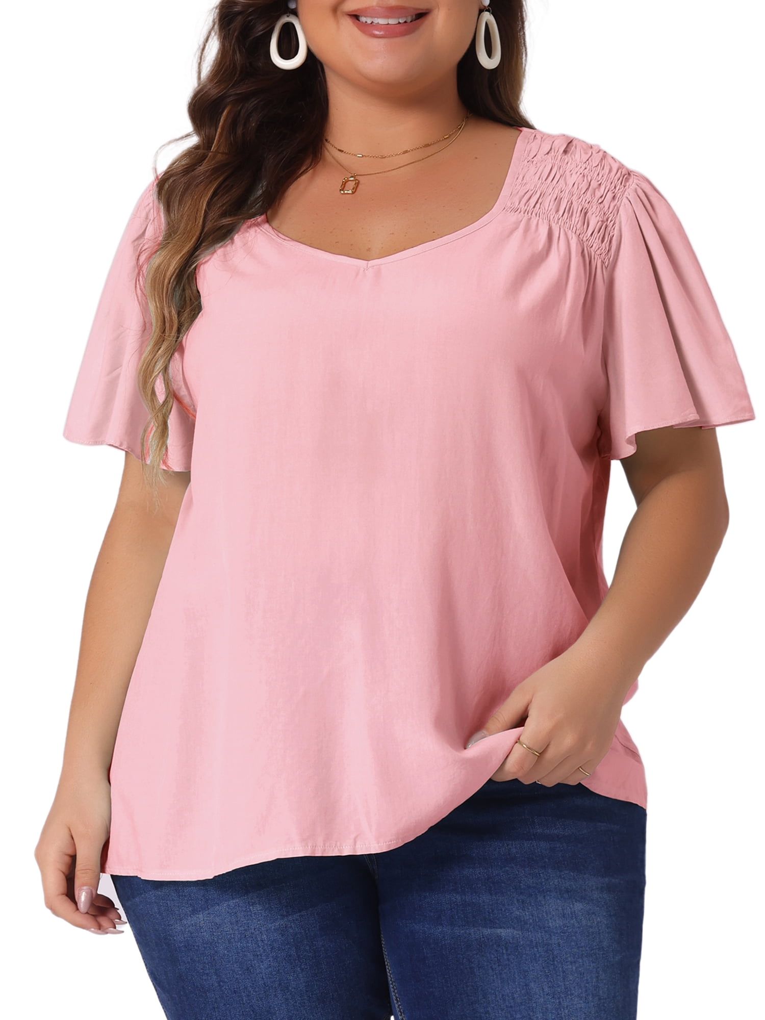 DARING DIVA Women's Plus V Neck Ruffle Sleeve Smocked Shoulder Blouse 4X Pink
